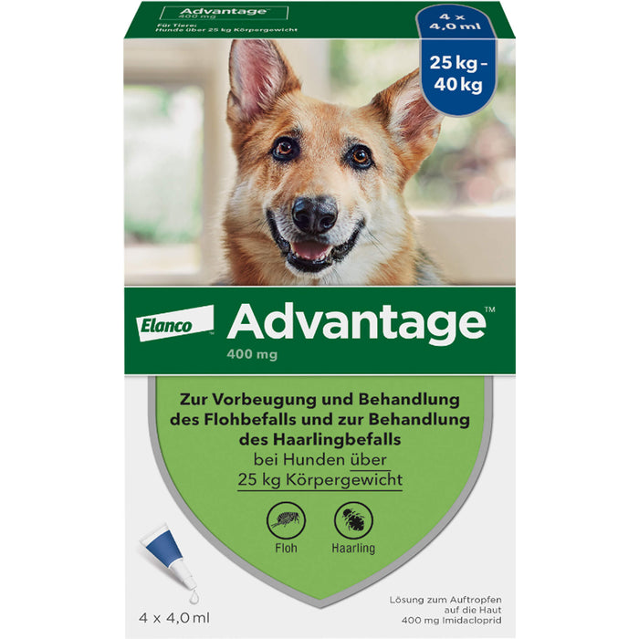 Elanco Advantage 400 bei Hunden 25 kg - 40 kg Lösung zur Vorbeugung und Behandlung des Floh- und Haarlingsbefalls, 4 pcs. Ampoules