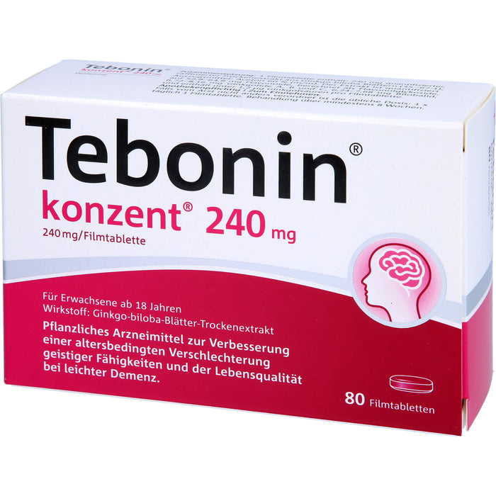 Tebonin konzent 240 mg Filmtabletten zur Verbesserung einer altersbedingten Verschlechterung geistiger Fähigkeiten und der Lebensqualität bei leichter Demenz, 80 pc Tablettes