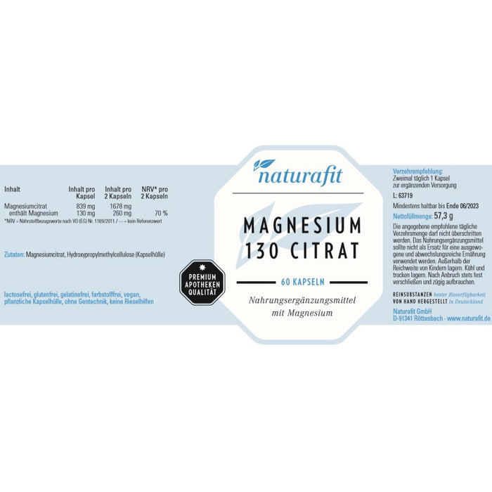 naturafit Magnesium 130 Citrat Kapseln, 60 St. Kapseln