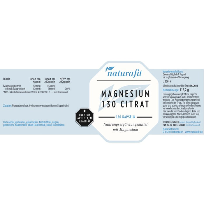 naturafit Magnesium 130 Citrat Kapseln, 120 pc Capsules