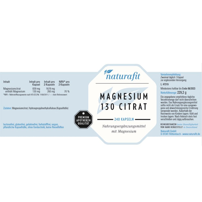 naturafit Magnesium 130 Citrat Kapseln, 240 pc Capsules