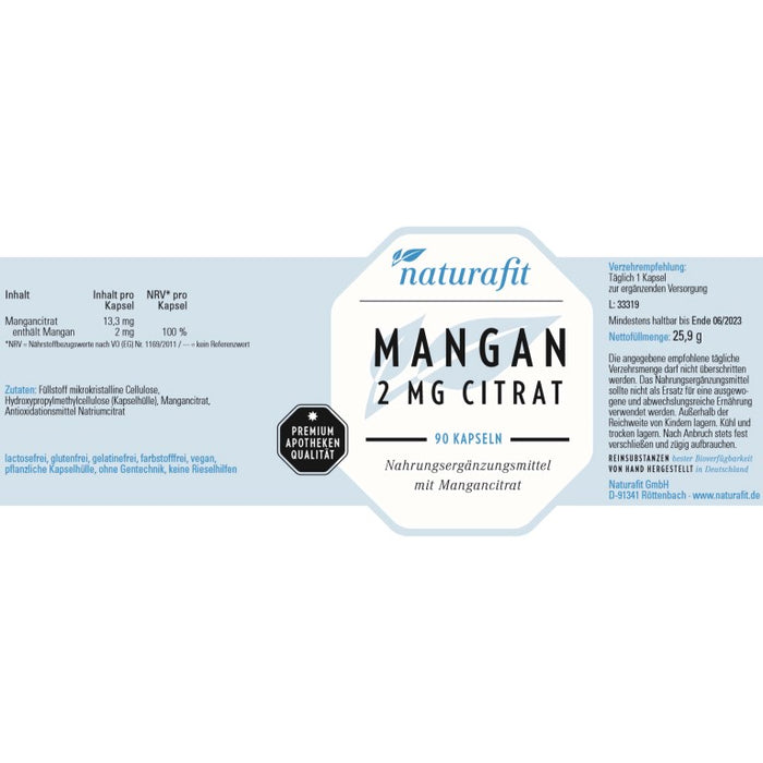 naturafit Mangan 2 mg Citrat Kapseln, 90 St. Kapseln