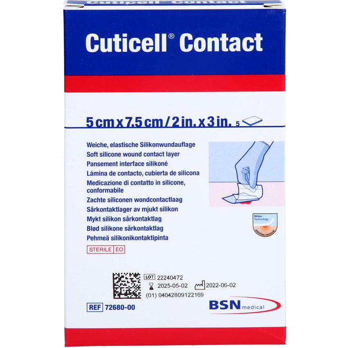 Cuticell Contact 5 cm x 7,5 cm weiche elastische Silikonauflage, 5 pc Pansements