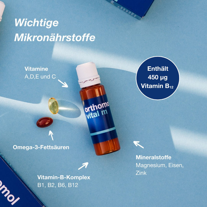 Orthomol Vital m für Männer - bei Müdigkeit - mit B-Vitaminen, Omega-3-Fettsäuren und Magnesium - Orangen-Geschmack - Trinkampullen/Kapseln, 7 St. Tagesportionen