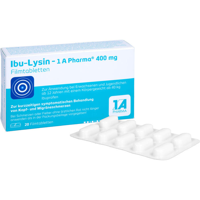 Ibu-Lysin 1A Pharma 400 mg Filmtabletten zur kurzzeitigen symptomatischen Behandlung von Kopf- und Migräneschmerzen, 20 pc Tablettes