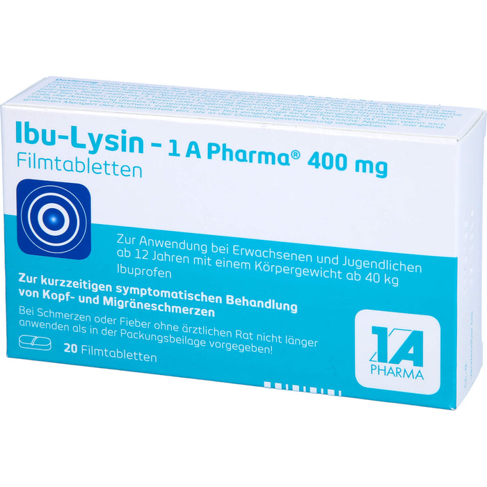 Ibu-Lysin 1A Pharma 400 mg Filmtabletten zur kurzzeitigen symptomatischen Behandlung von Kopf- und Migräneschmerzen, 20 pc Tablettes