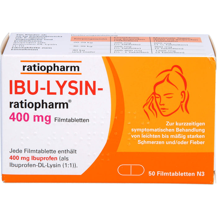 Ibu-Lysin-ratiopharm 400 mg Filmtabletten bei Schmerzen und Fieber, 50 pc Tablettes