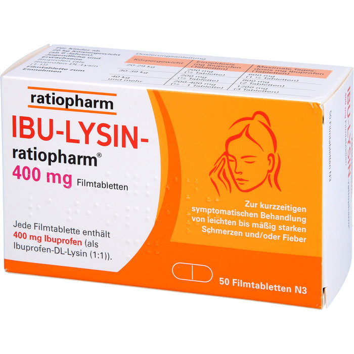 Ibu-Lysin-ratiopharm 400 mg Filmtabletten bei Schmerzen und Fieber, 50 pc Tablettes