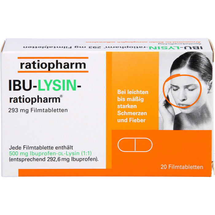 IBU-LYSIN-ratiopharm 293 mg Filmtabletten bei Schmerzen und Fieber, 20 pcs. Tablets