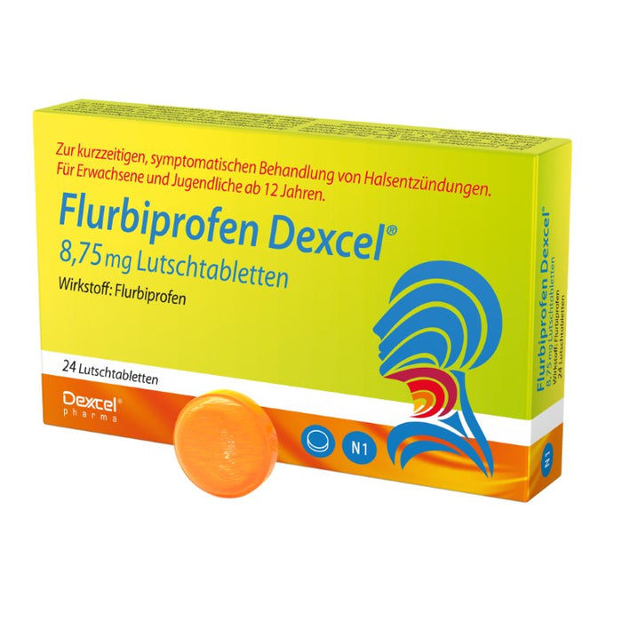 Flurbiprofen Dexcel 8,75 mg Lutschtabletten zur kurzzeitigen, symptomatischen Behandlung von Halsentzündungen, 24 pc Tablettes