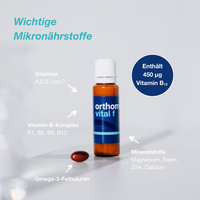 Orthomol Vital f - Mikronährstoffe für Frauen - bei Müdigkeit und Erschöpfung - mit B-Vitaminen, Omega-3-Fettsäuren und Magnesium - Trinkampullen/Kapseln, 30 St. Tagesportionen