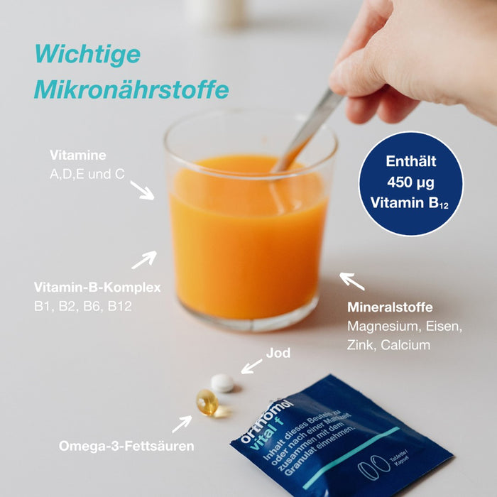 Orthomol Vital f für Frauen - bei Müdigkeit - mit B-Vitaminen, Omega-3-Fettsäuren und Magnesium - Orangen-Geschmack - Granulat/Tabletten/Kapseln, 15 St. Tagesportionen